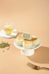 Traditional Mung Bean Cakes Old Fashioned Asian Dessert Showcase with Tea