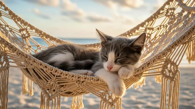 Gray and white kitten peacefully napping in a macrame hammock on a sunny beach, with gentle waves in the background, showcasing serene relaxation and tranquility