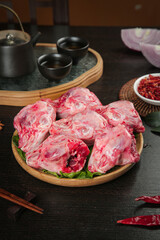 Fresh Rabbit Heads on Wooden Plate - Traditional Chongqing Chinese Cuisine Cooking Ingredients