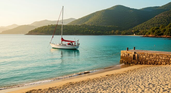 Sailboat Anchored Reflects on Turquoise Bay at - Powered by Adobe