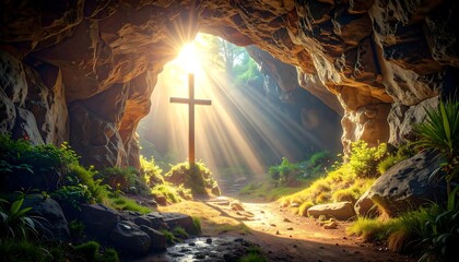 Glowing light shines upon a wooden cross within a cave, evoking faith, hope, and reverence