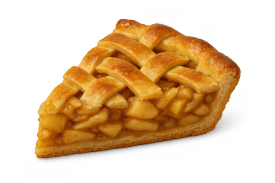 Apple pie slice with golden lattice crust. Homemade baked dessert, sweet food with apples, transparent background