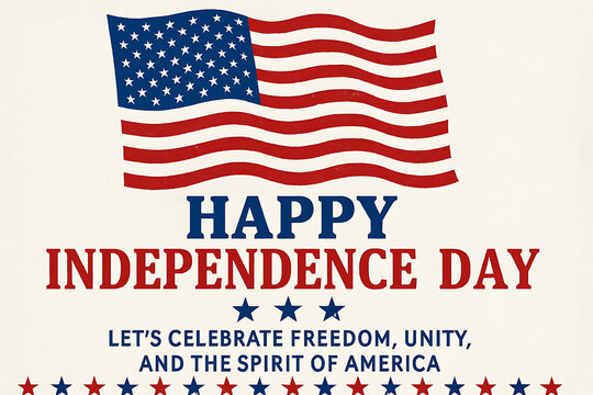 Happy independence day celebration poster with american flag, patriotic stars, red white blue design, freedom unity and spirit of america background