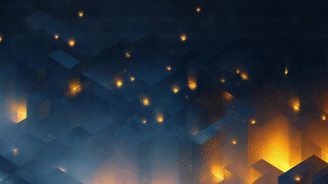 Digital data network connecting futuristic city blocks glowing orange