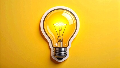 Glowing lightbulb on a yellow surface with a white border, emitting a warm, illuminating light