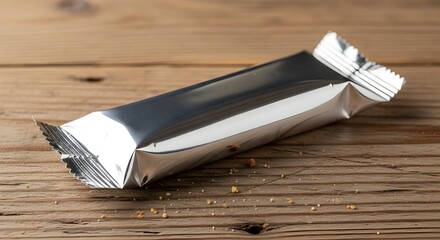 Silver Foil Snack Bar on Wooden Surface