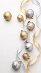 Elegant New Year Holiday Decorations Featuring Glittering Baubles and Festive Ribbons on a White Background