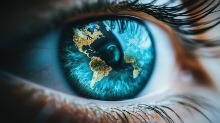 Human eye with world map in pupil for World Sight Day awareness. Vision concept banner