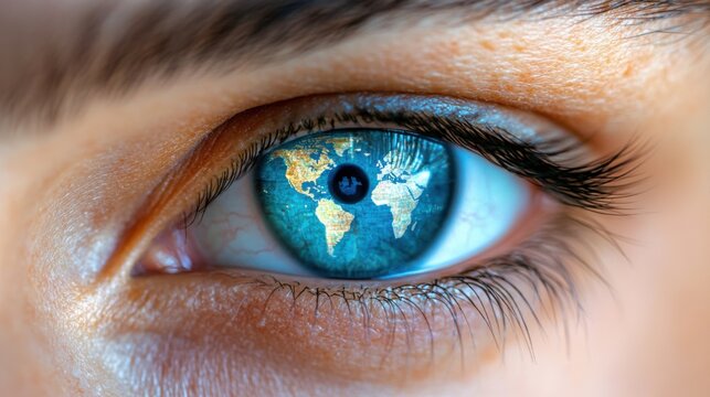 Human eye with world map in pupil for World Sight Day awareness. Vision concept banner