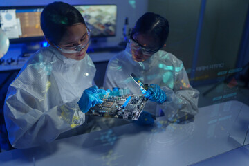 Engineers work in semiconductor or microchip labs in the electronics industry. Electronic engineers in computer technology, CPU maintenance, hardware, motherboard component upgrades.