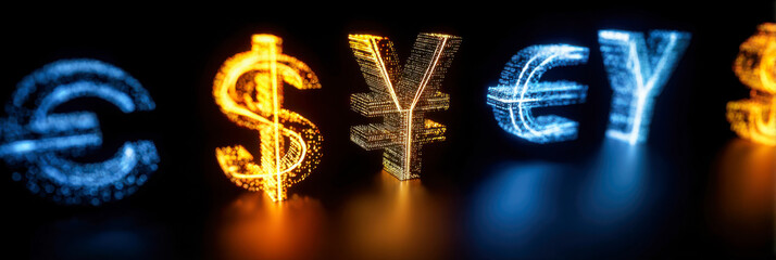 Glowing currency symbols represent multi-currency trading interface