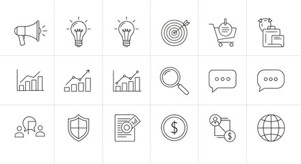 Corporate Strategy and Financial Analysis Icons: Outline set covering communication, growth, targets, and security.