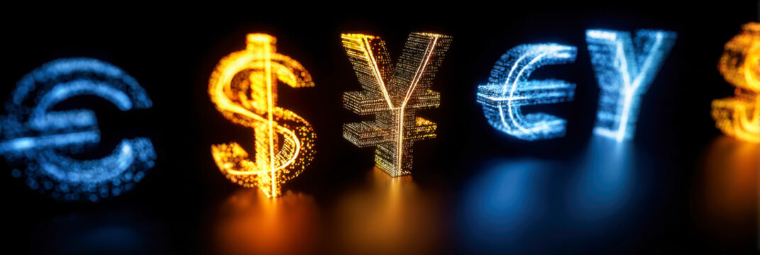 Glowing currency symbols represent multi-currency trading interface - Powered by Adobe