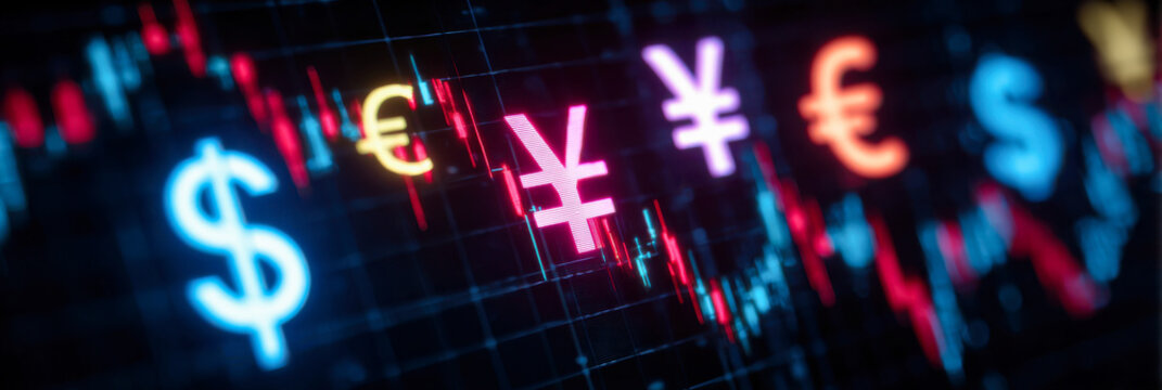 Multi-currency trading interface with glowing dollar, euro, and yen symbols on a minimal backdrop