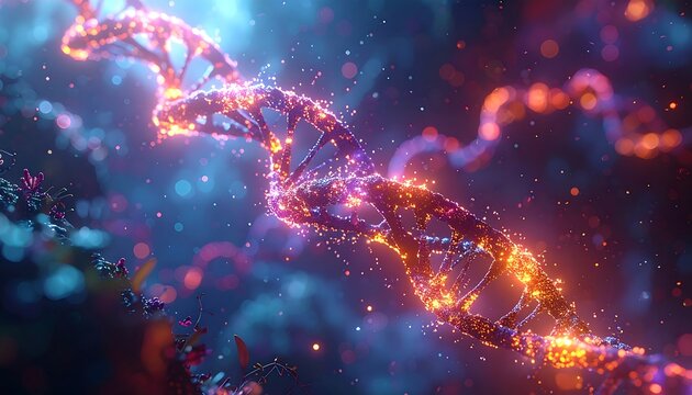 Luminescent DNA helix illustration with glowing particles on a blue background, blending science & artistry - Powered by Adobe