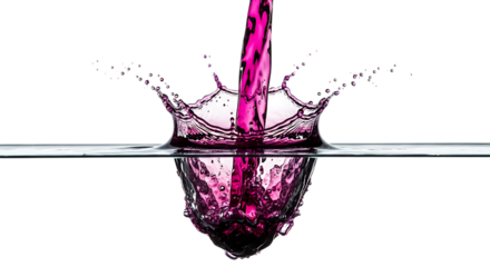 Vibrant magenta liquid being poured into clear water, creating a splash and ripple effect, isolated on transparent background the dynamic movement and contrasting colors make for a visually striking i