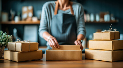 Woman packaging online orders at home for her small business in a cozy workspace