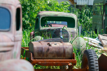 Abandoned  Bus Rusting in an Overgrown Green Field