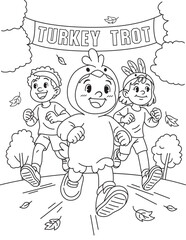 Turkey Trot. Kids running in Turkey Trot race. Thanksgiving coloring page for fun fall activity, classroom worksheet, and printable craft.