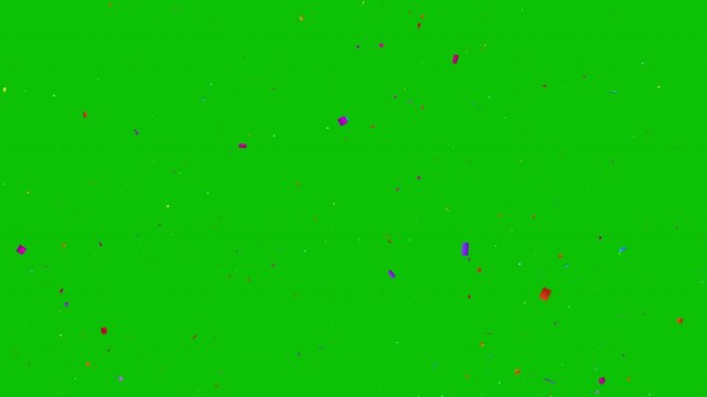 Realistic colorful confetti falling animation in chroma key green screen background 4K , Vibrant party streamers and paper flakes blast for birthday, wedding, New Year, and festive celebration videos.