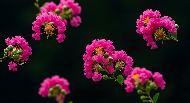 Closeup of vibrant pink crape myrtle flowers blooming against a dark background, showcasing their delicate petals and intricate details