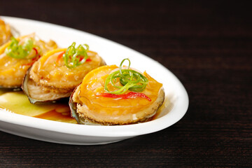 Steamed Vermicelli Dishes with Fresh Abalone and Scallion Garnish on White Plate