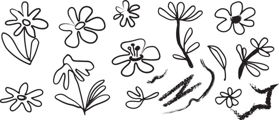 Hand Drawn Black Outline Flowers and Leaves Doodle Elements on White Background floral