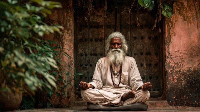 Meditating sadhu in traditional clothing, India, in front of an old wooden door