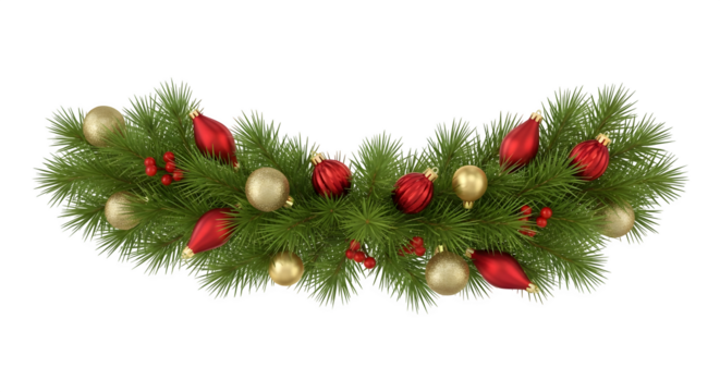Festive christmas garland with red and gold ornaments isolated on transparent background