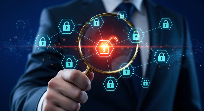 Cybersecurity Data Breach Magnifying Glass Network Security Male Blue Copy Space