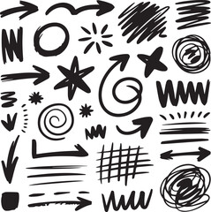 Assorted hand drawn black doodle elements including arrows circles and abstract shapes