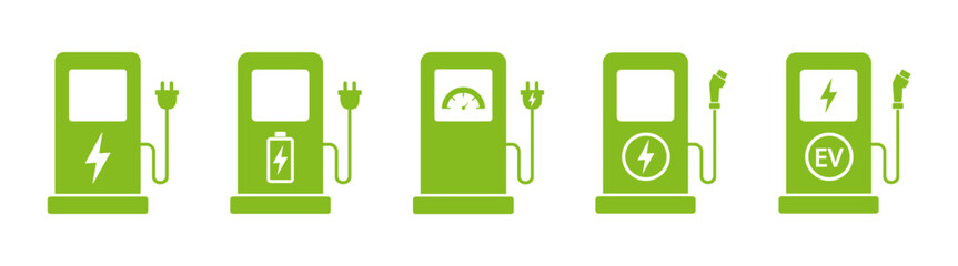 Electric car charging station, fast charger, battery, plug, cable, energy, vehicle, electricity, eco, hybrid, sustainable transport, recharge, clean power, electric mobility, vector icon.