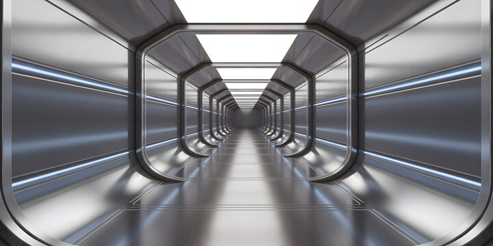 Futuristic spaceship interior corridor for background use with glowing blue lines and steel panel design a gateway to another world through a long and endless metallic hallway