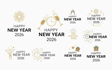 Happy New Year 2026 Lettering Set – Gold Calligraphy Typography Vector Illustration