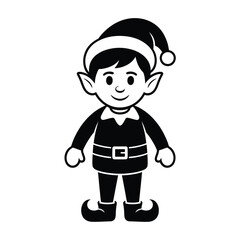 Cute christmas elf character black and white illustration