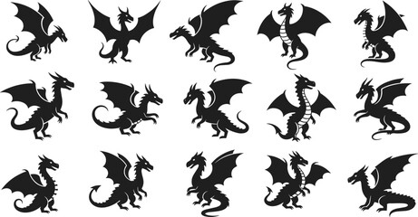 Dragon silhouette collection, fantasy creature vector set, black mythical beast designs, winged reptile illustration, medieval monster art, flying dragon shapes