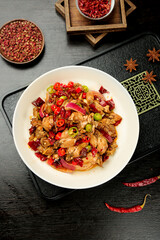 Spicy Stir-Fried Bullfrog and Chicken Daito Style with Fresh Chilies and Traditional Chinese Spices