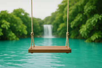 Wooden swing hanging over turquoise lagoon with waterfall and lush green trees peaceful tropical paradise nature background