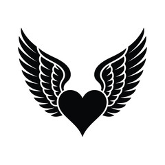 Black silhouette of a heart with spread wings on a white background