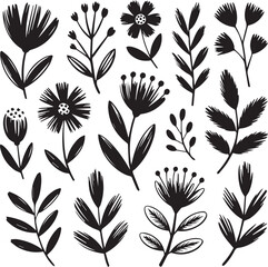 Collection of stylized floral elements in black and white botanical illustration