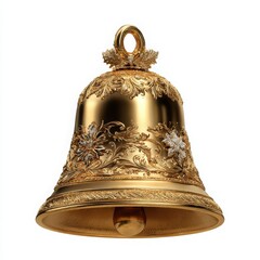 Ornate golden bell with intricate floral design isolated on white background