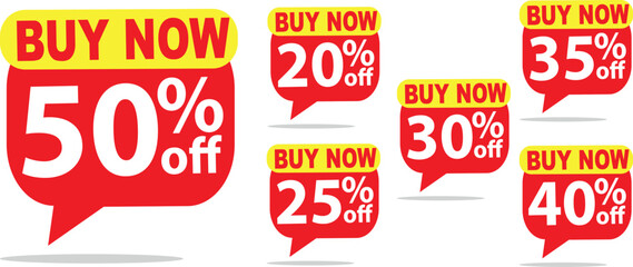 Buy Now Tags Vector Set, Popup Sale Speech Bubble, 50, 20, 35, 30, 25, 40 Off, Red Yellow EPS Element