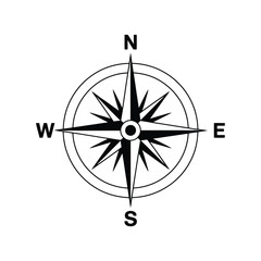 Black and white compass rose showing cardinal directions on a white background
