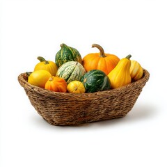 Basket of colorful autumn gourds and pumpkins isolated on white background