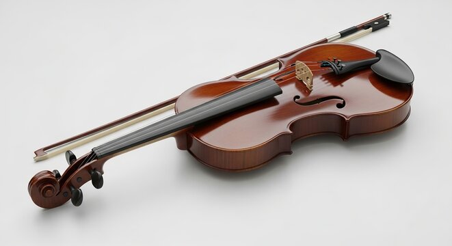 Elegant violin and bow resting on a clean white surface ready for a musical performance or practice