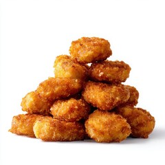 Pile of golden brown chicken nuggets isolated on white background