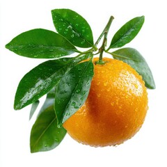 Fresh orange with green leaves and water droplets isolated on white background
