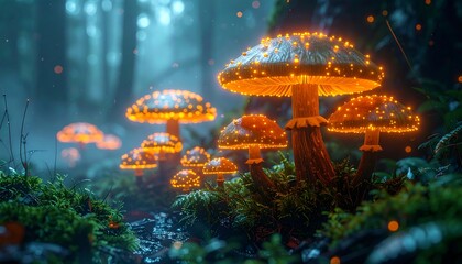 Glowing mushrooms illuminate a forest floor, surrounded by moss and ferns in a dark, misty scene