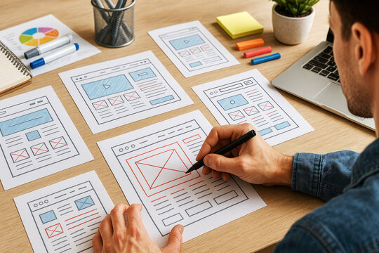 Designer Sketching Website Wireframes and User Interface Layouts on Wooden Desk website design