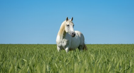 Fototapeta premium White horse stands in green field